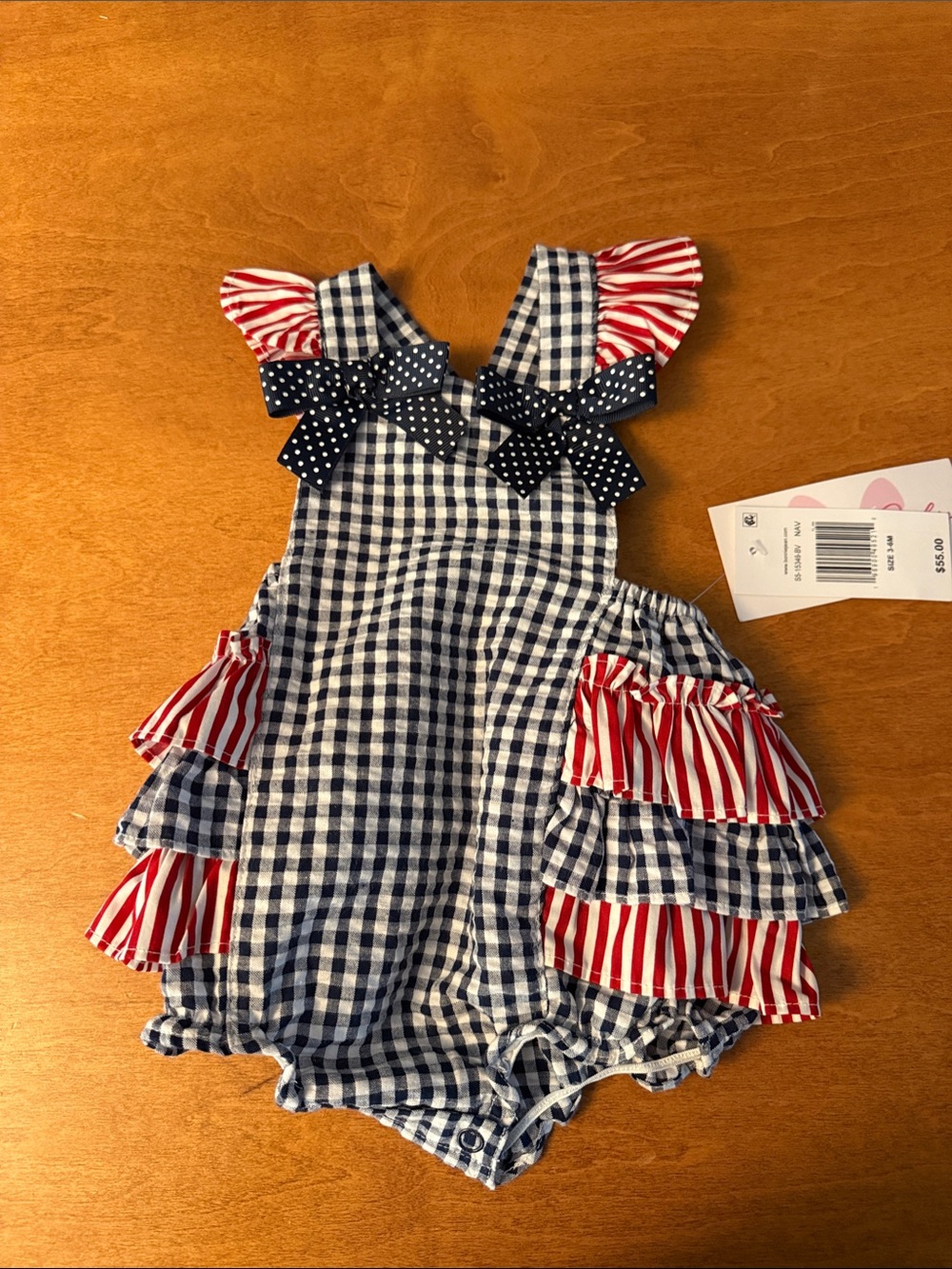 Bonnie baby’ Blue Gingham Baby Romper with Red Stripe Ruffles and Navy Bows